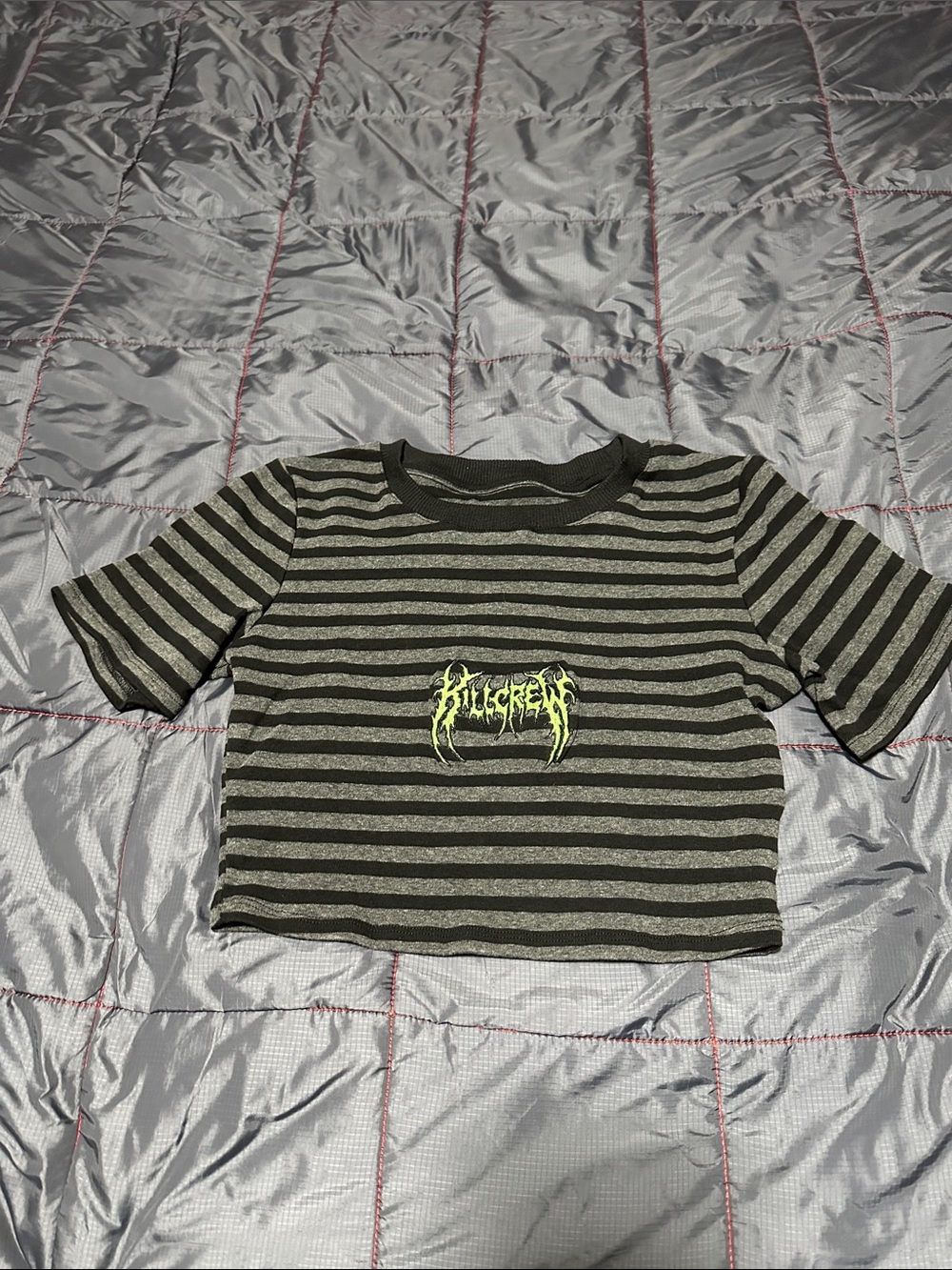 Kill Crew Black & Gray Striped Cropped Tee with Neon Logo